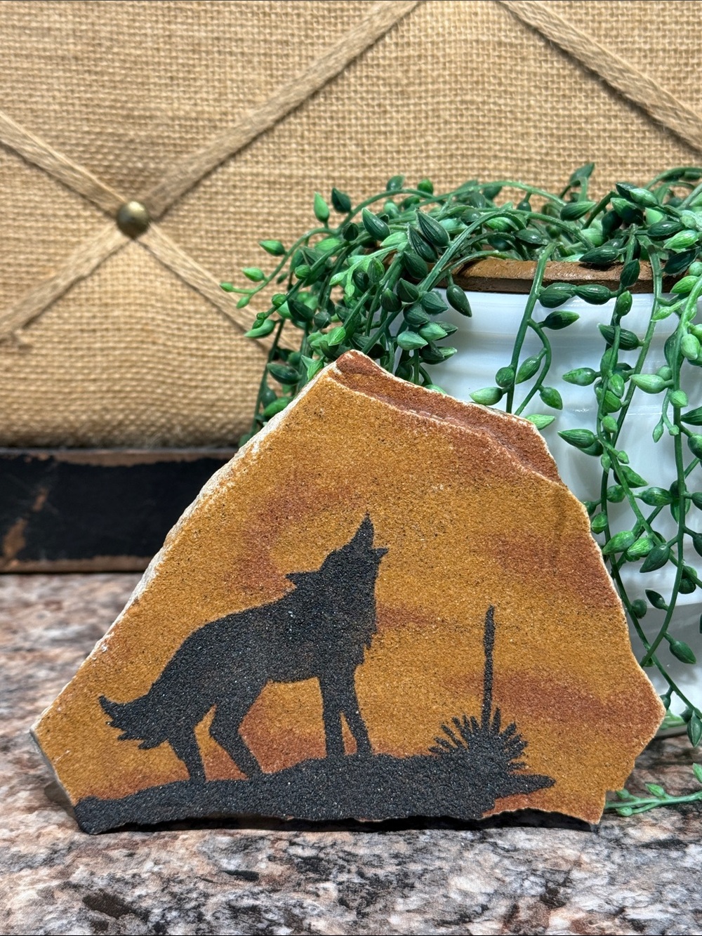 Howling Wolf Desert Stone Art - Rustic Orange and Black - Picture 1 of 4